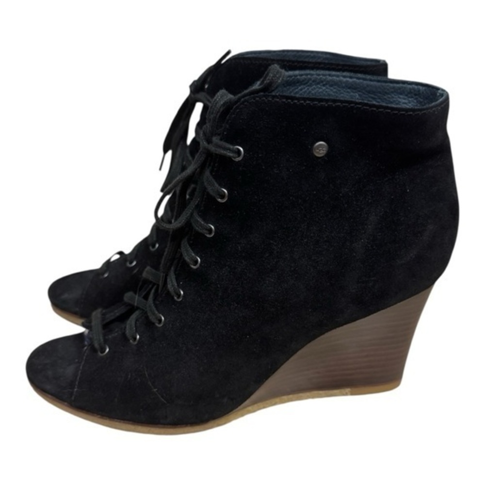 UGG 3340 ELYSE SHOE OPEN TOE BLACK SUEDE LACE UP ANKLE HEELS WOMEN SIZE 10 WEDGE
